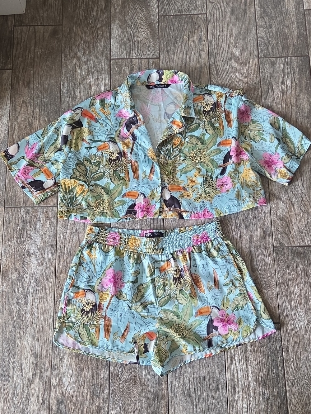 Zara Mint Tropical Toucan Crop Shirt & Shorts Set with Pink Floral Size Large